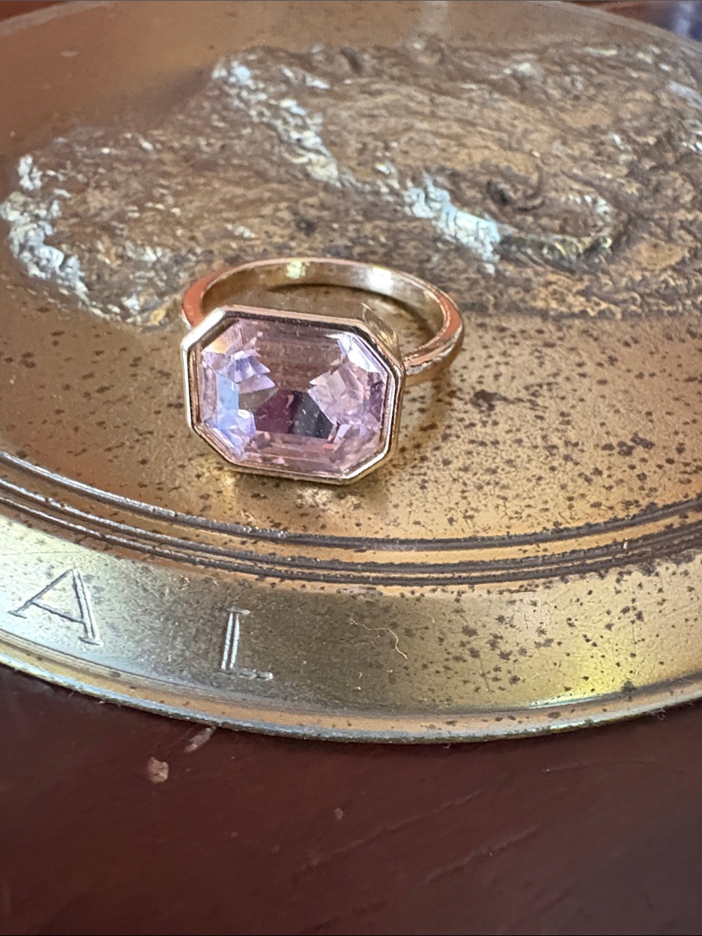 COCKTAIL RING Gold Ring with Pink Emerald-Cut Stone - Women's Jewelry • Size 9
